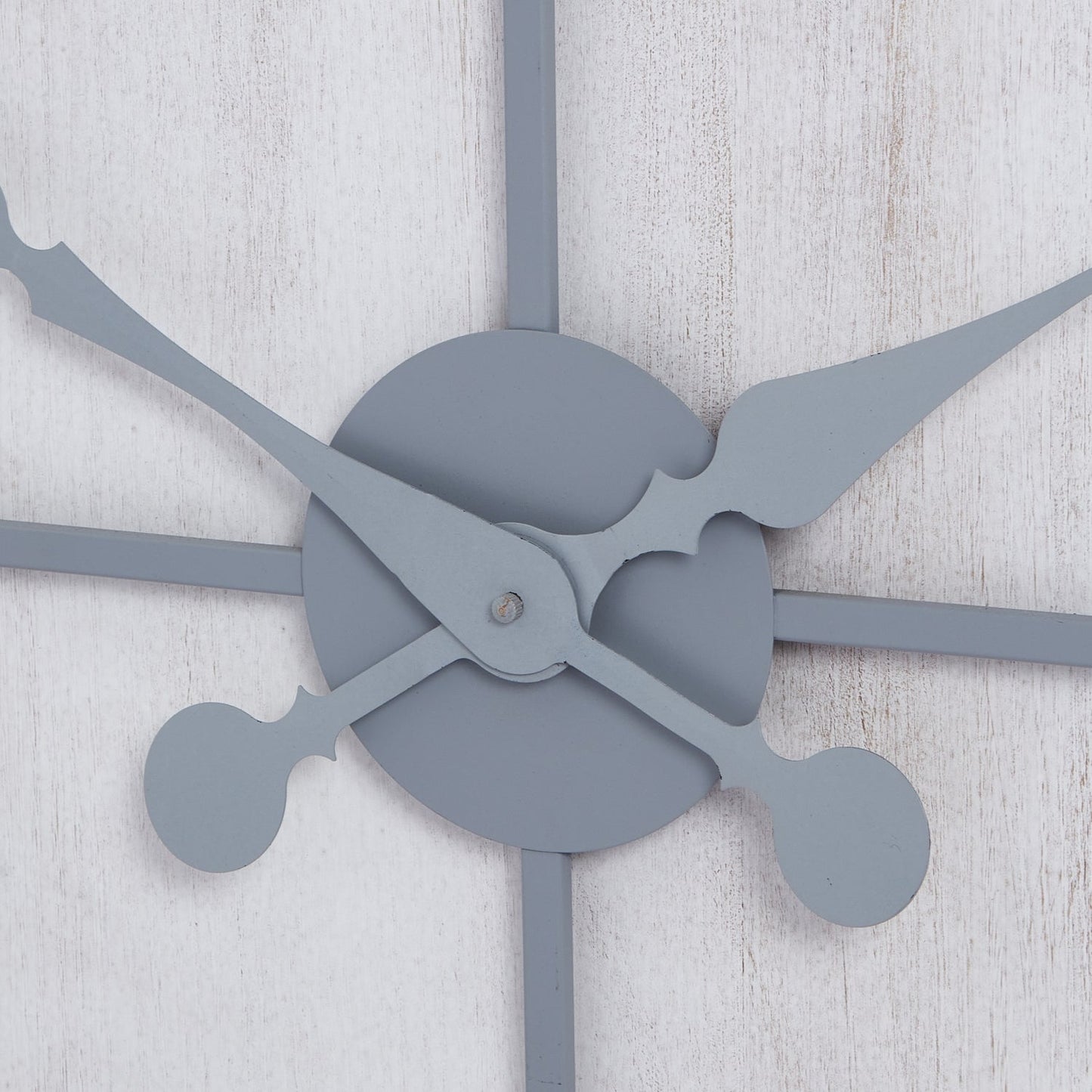 close up of hands on large 3 panel wall clock