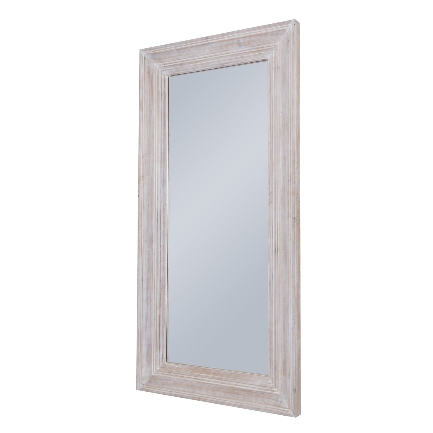 angled view of whitewash large wooden mirror