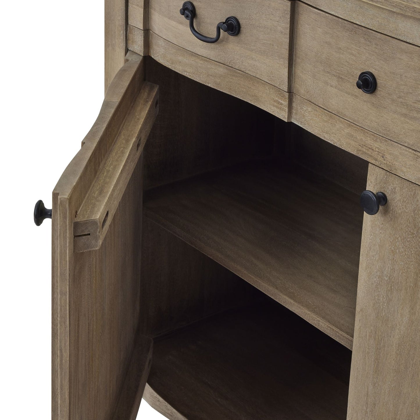 open door showing fixed shelf. Small sideboard Cotswold furniture
