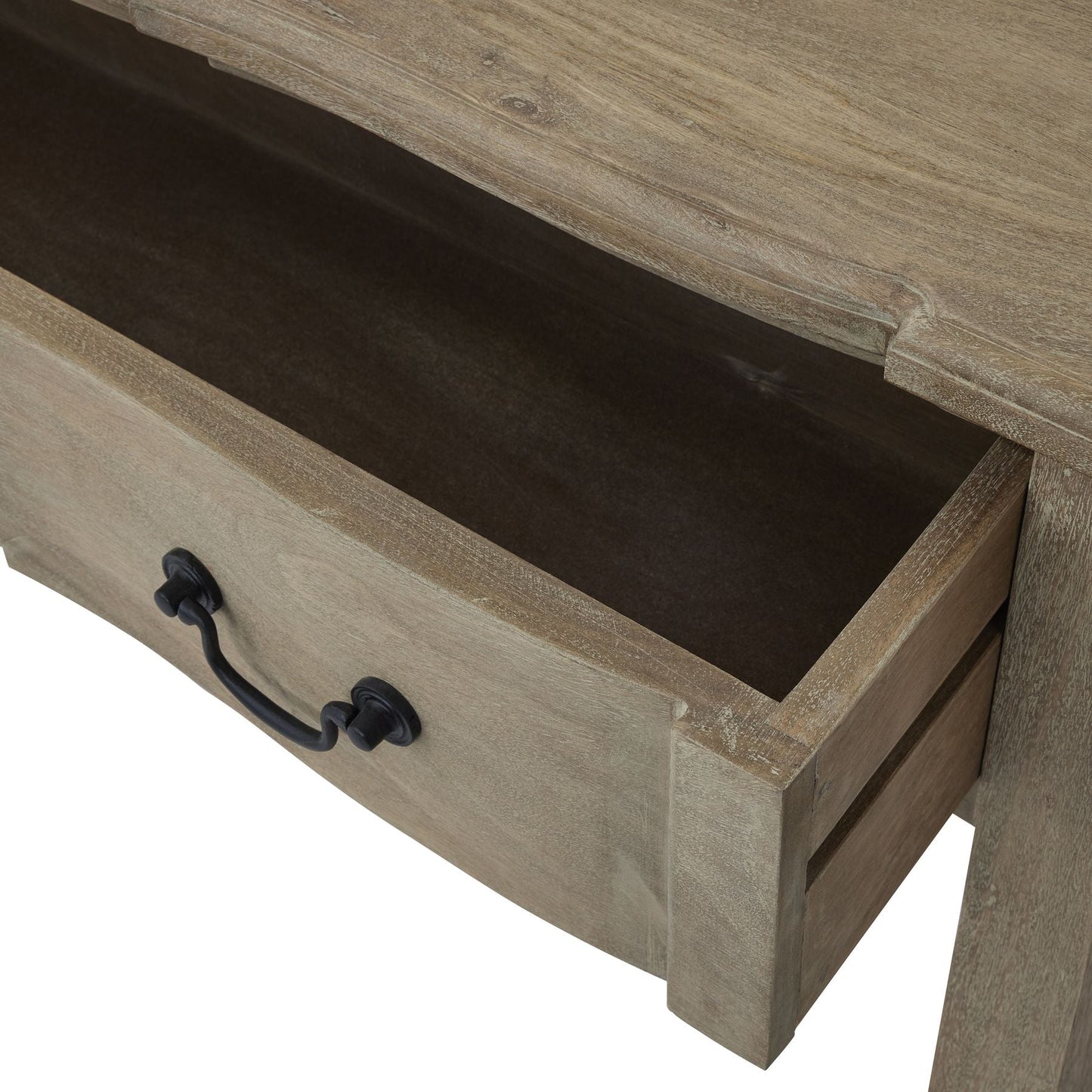 open drawer detail of wood console table