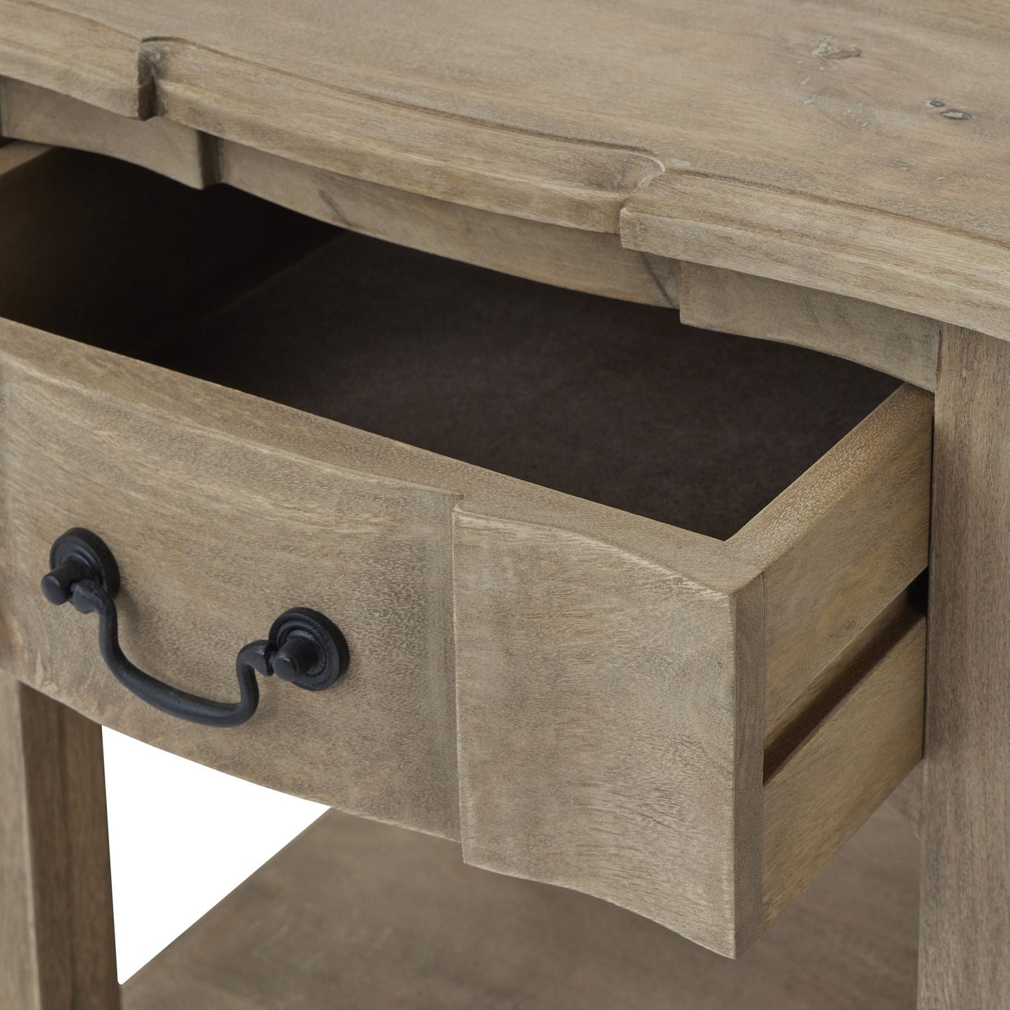 open drawer of wood side table