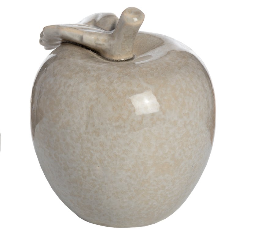 small grey ceramic apple ornament, with leaf detailing to the back of the stem