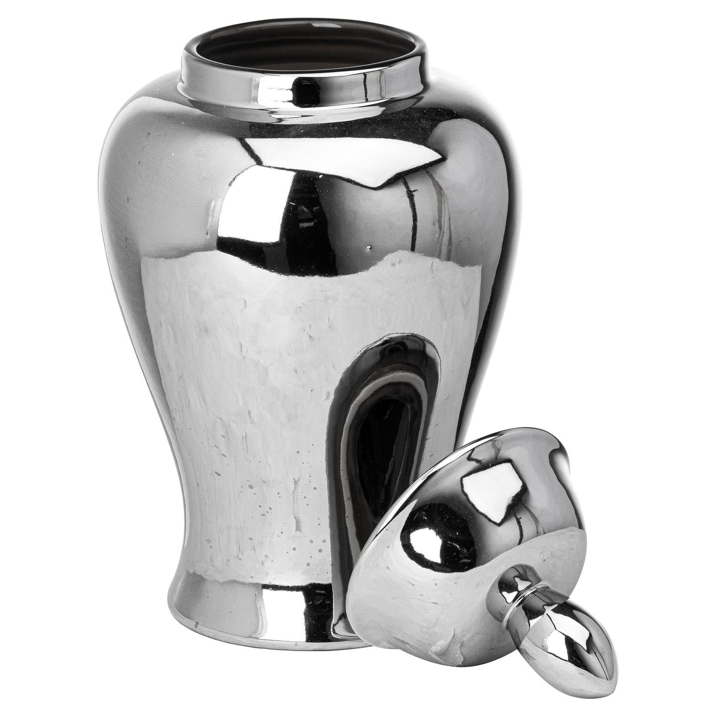 large ginger jar with lid in chrome. The lid has been taken off and laid up against the front