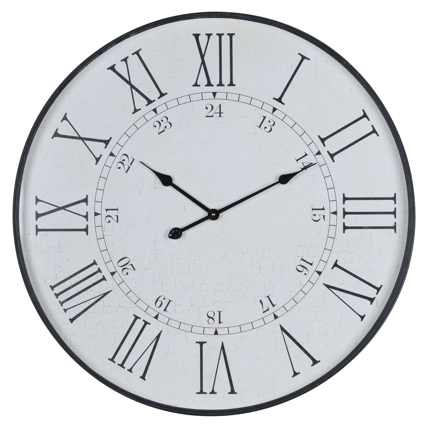station clock with distressed white face, black Roman numerals and twenty four hour clock