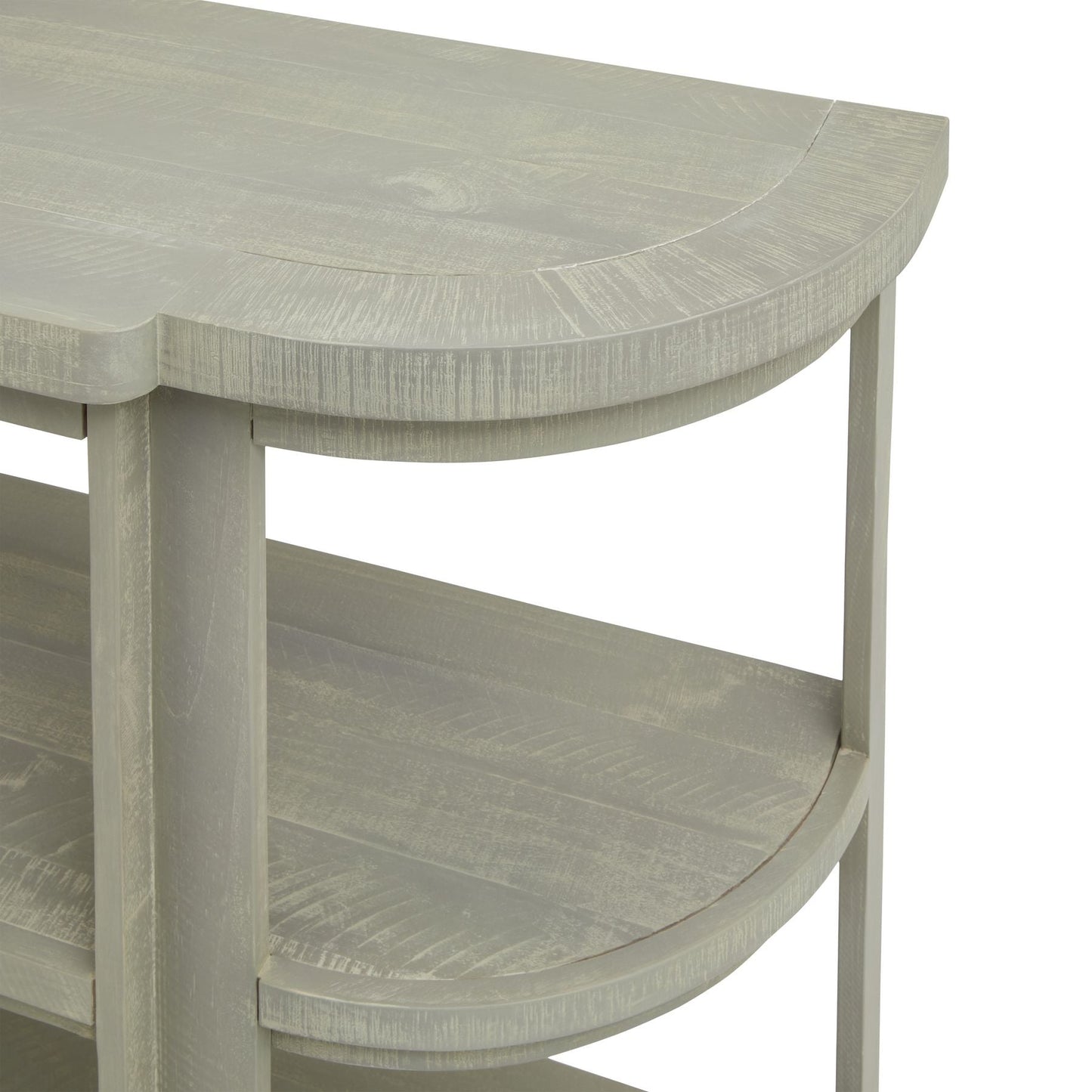 close up of the corner on the console table showing lower shelves