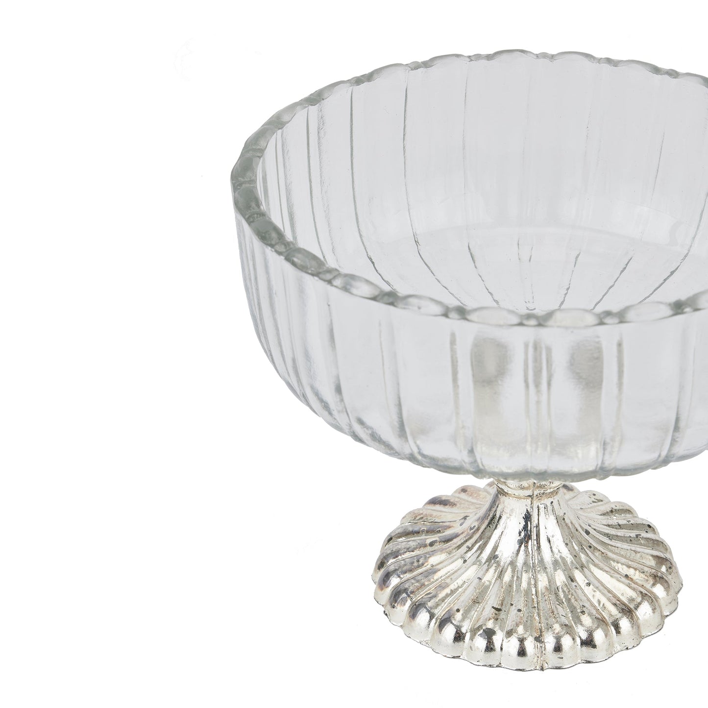 angled view of fluted glass display bowl with silver base