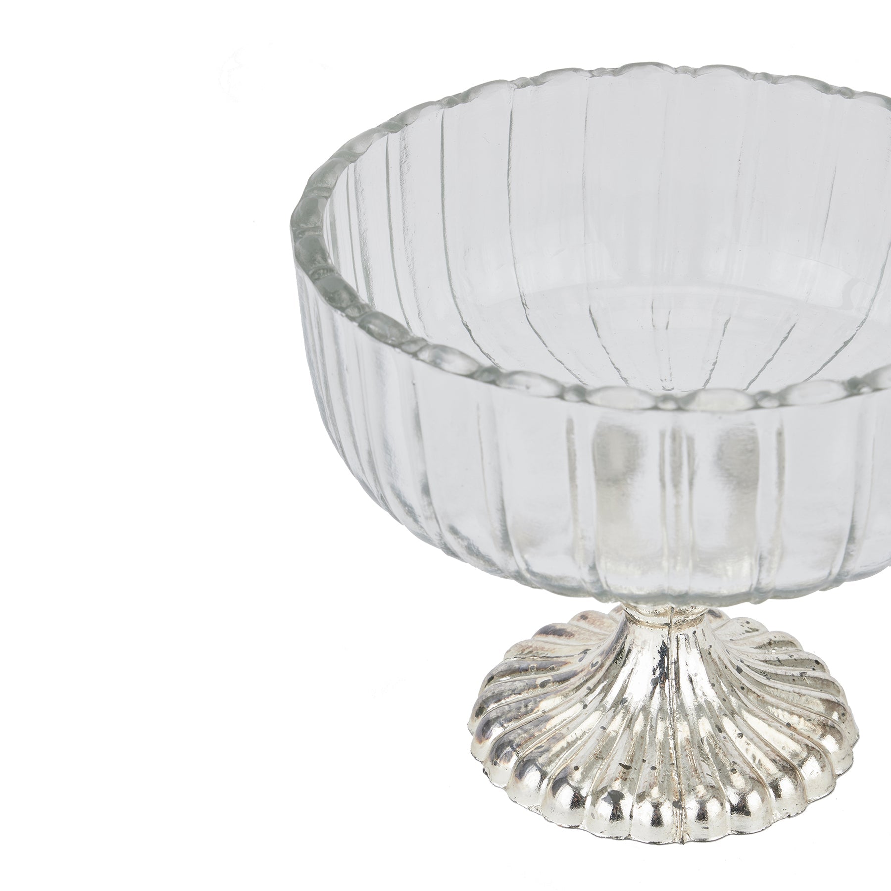 angled view of fluted glass display bowl with silver base