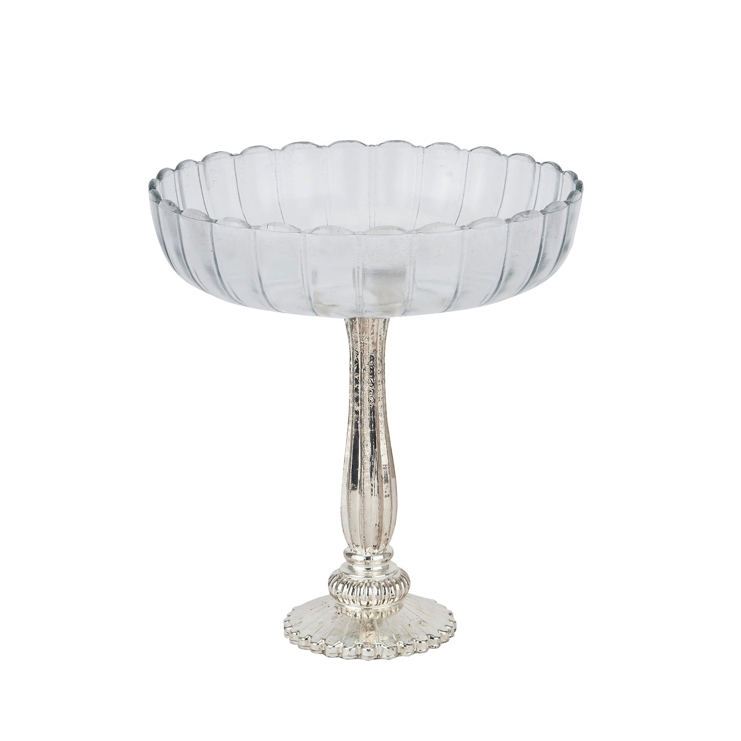 large glass fluted bowl with silver base