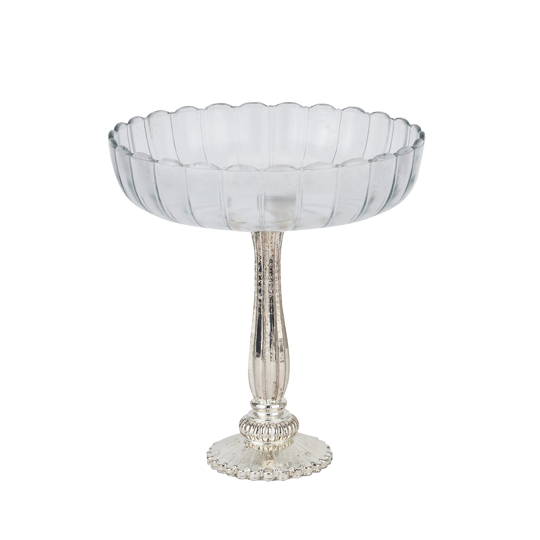 large glass fluted bowl with silver base
