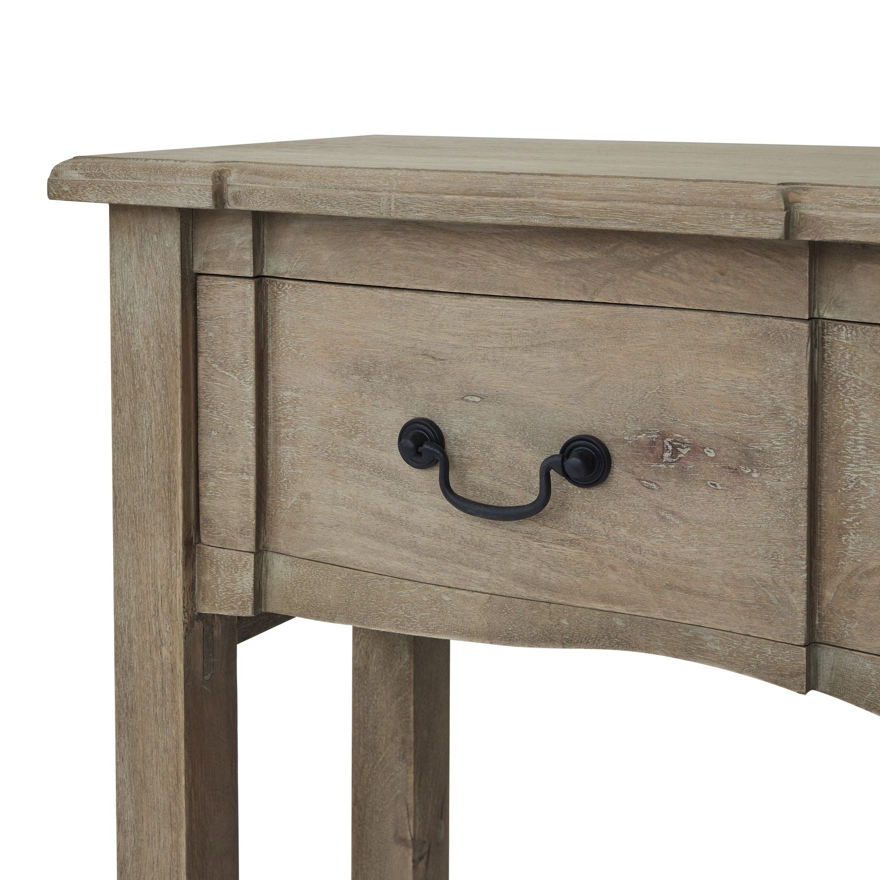 drawer detail and black ironwork handle of wood console table