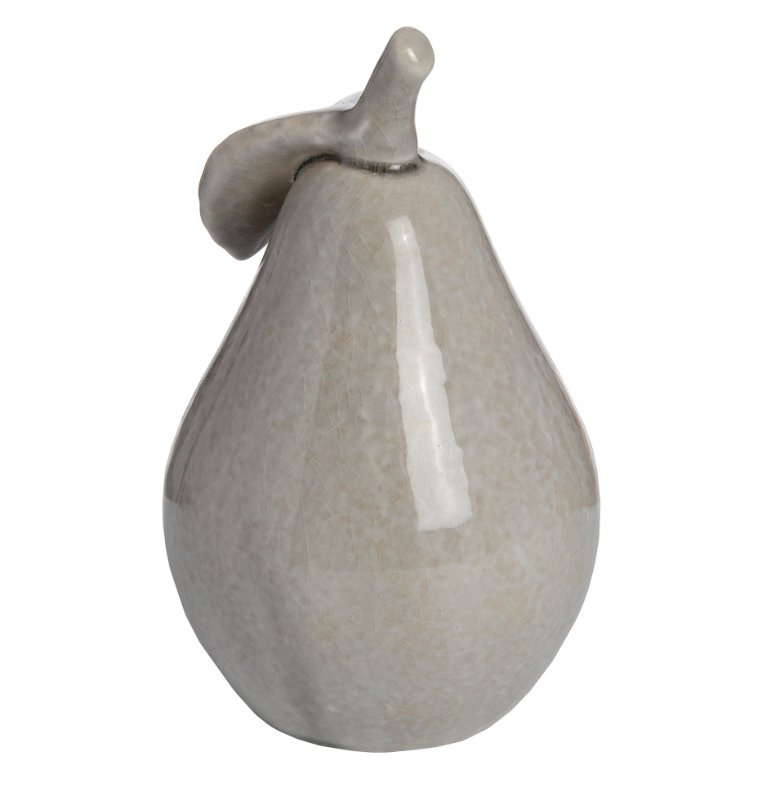 Small grey ceramic pear, with leaf stem at the back