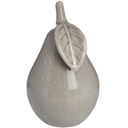 Small ceramic grey pear, with stem leaf facing forward