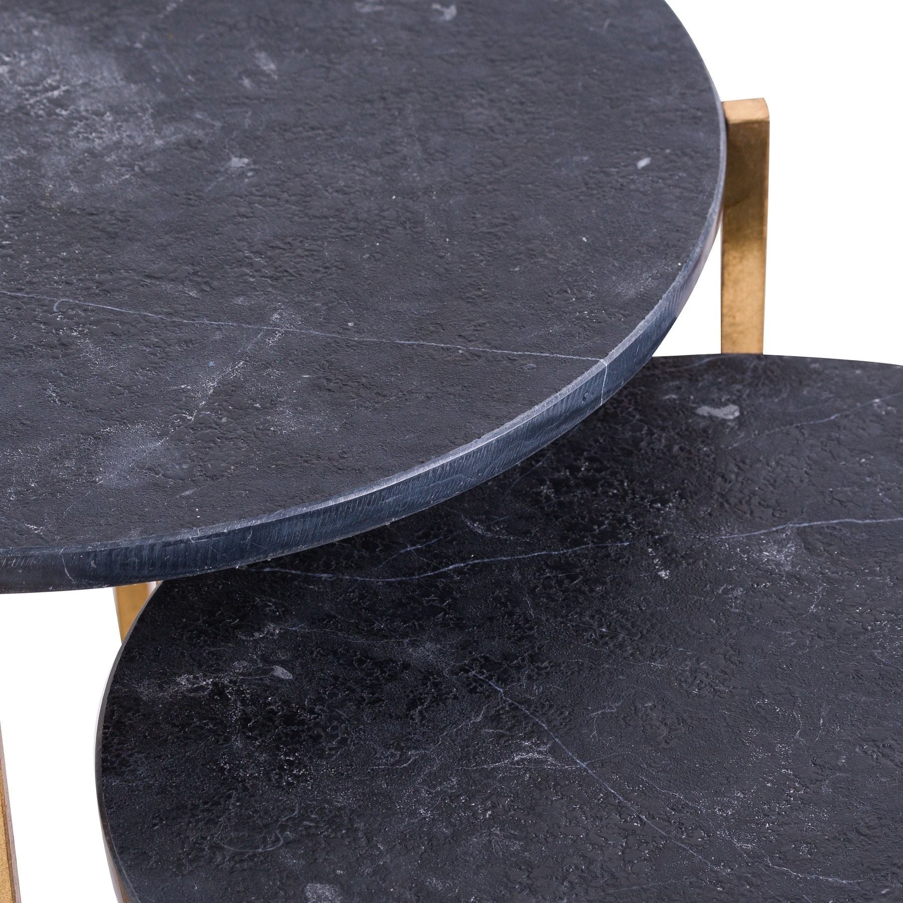 birds eye view of the black marble table tops showing the texture and vein details in the natural stone