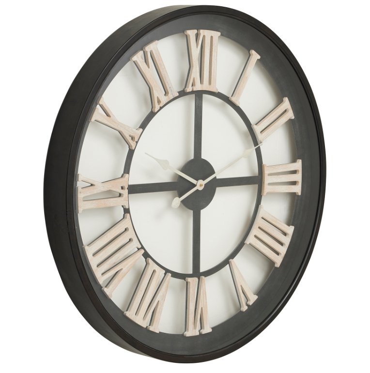 Black Framed Skeleton Clock With White Roman Numerals