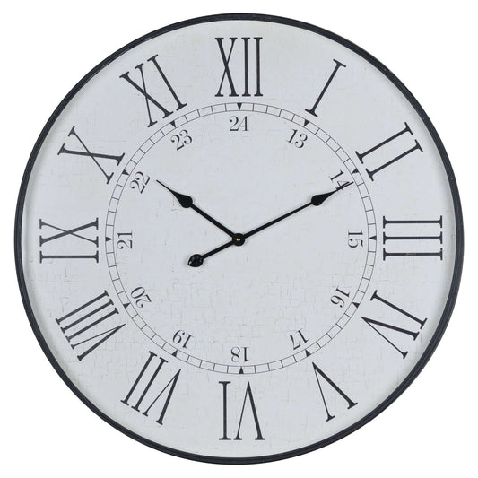 station clock with distressed white face, black Roman numerals and twenty four hour clock