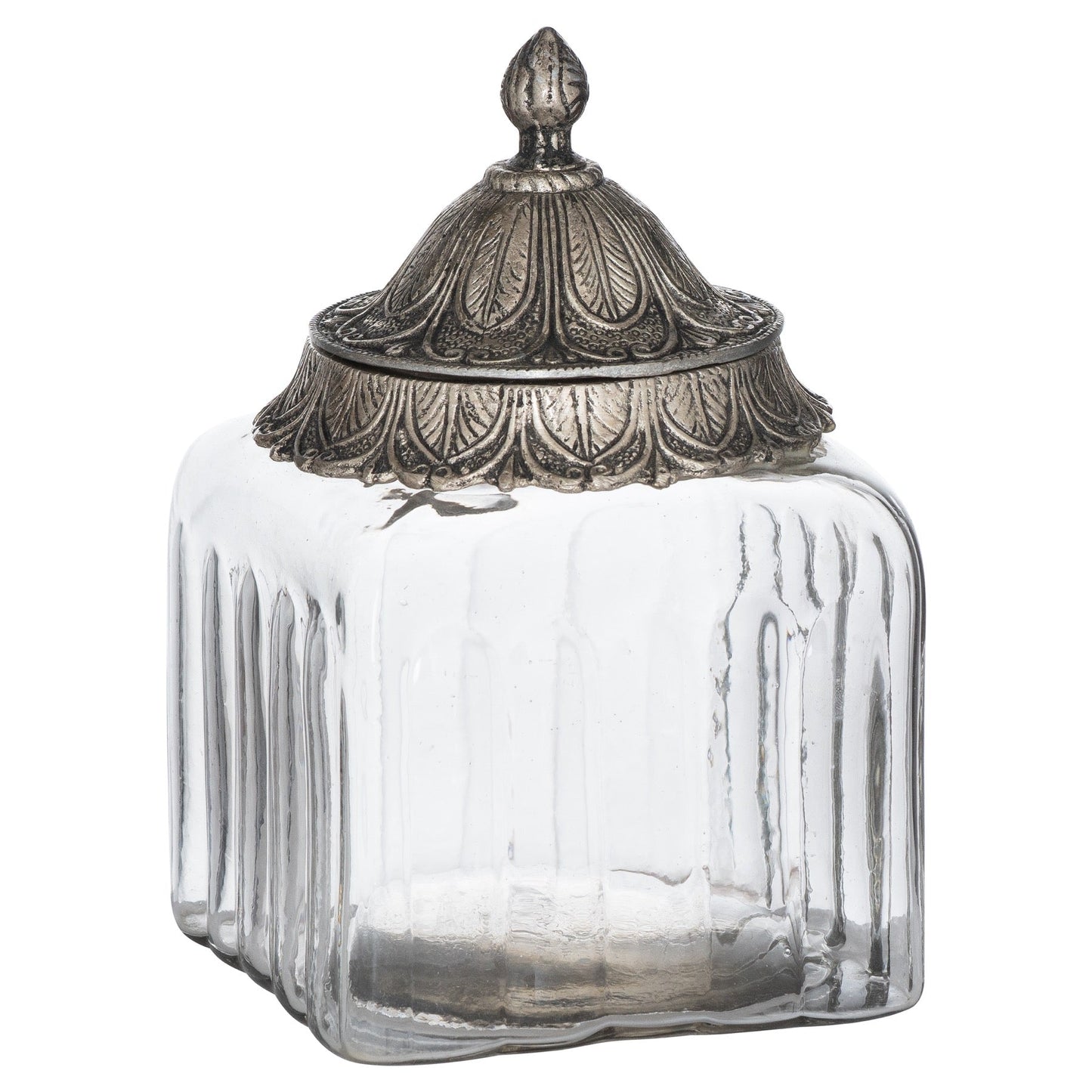 small handblown fluted glass jar with detailed metal lid