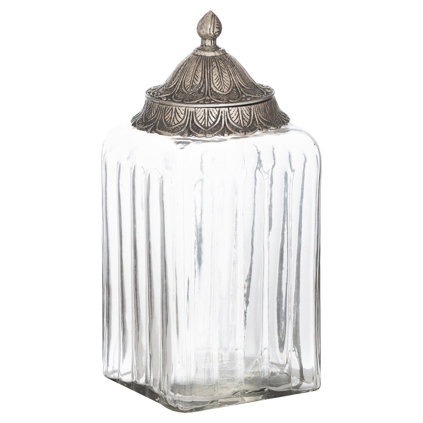 large handblown glass jar with metal lid