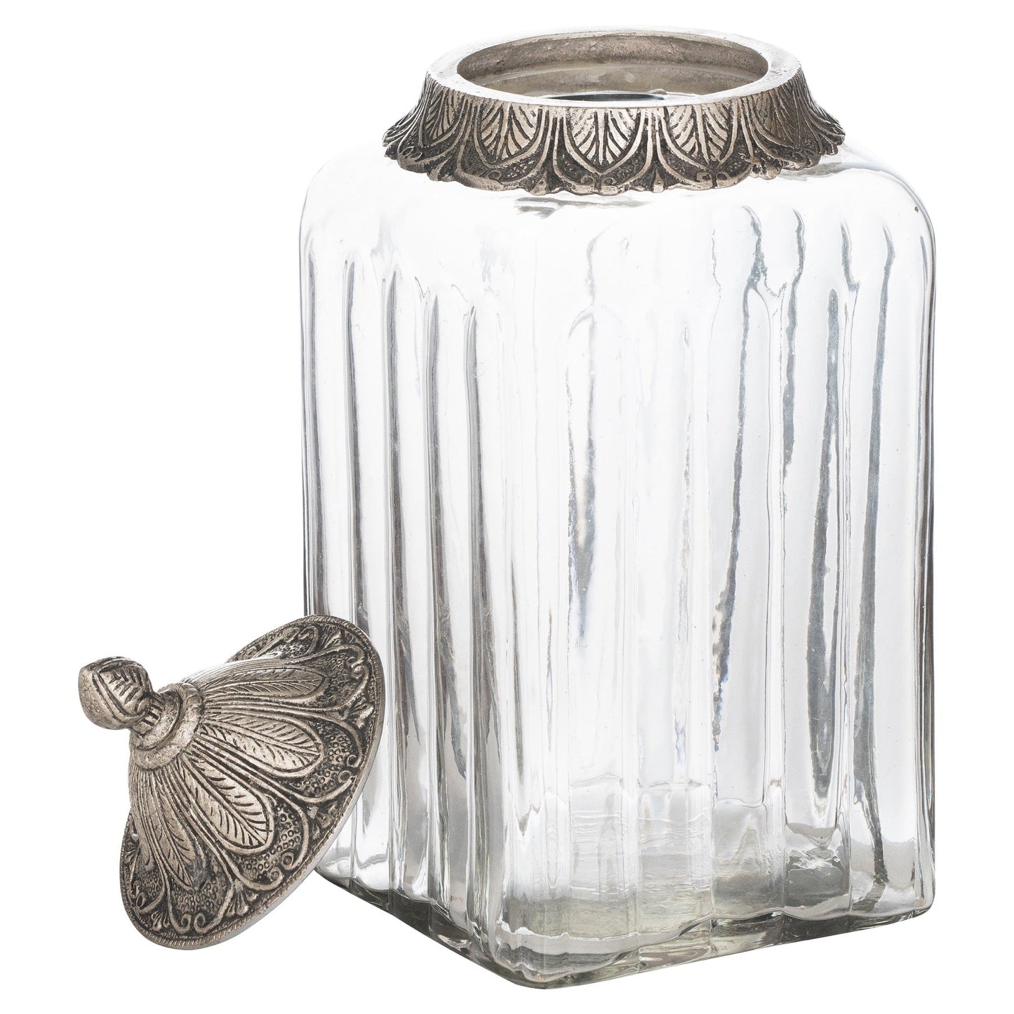 large handblown glass jar the metal lid taken off and laid against the jar on the left hand side