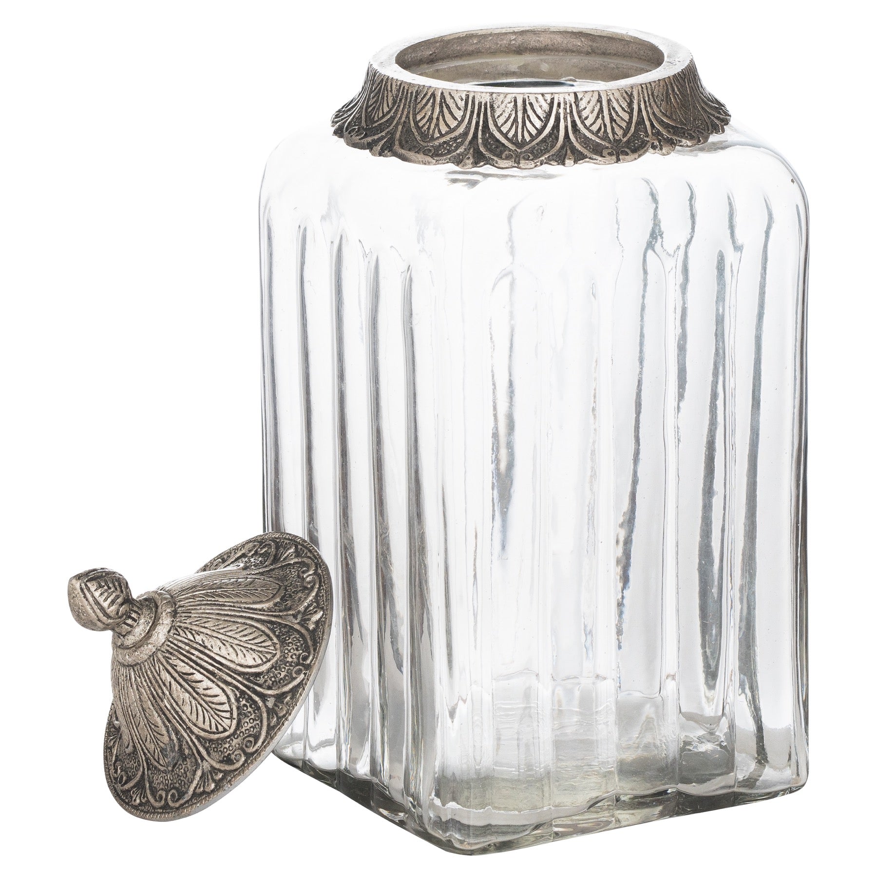 large handblown glass jar the metal lid taken off and laid against the jar on the left hand side