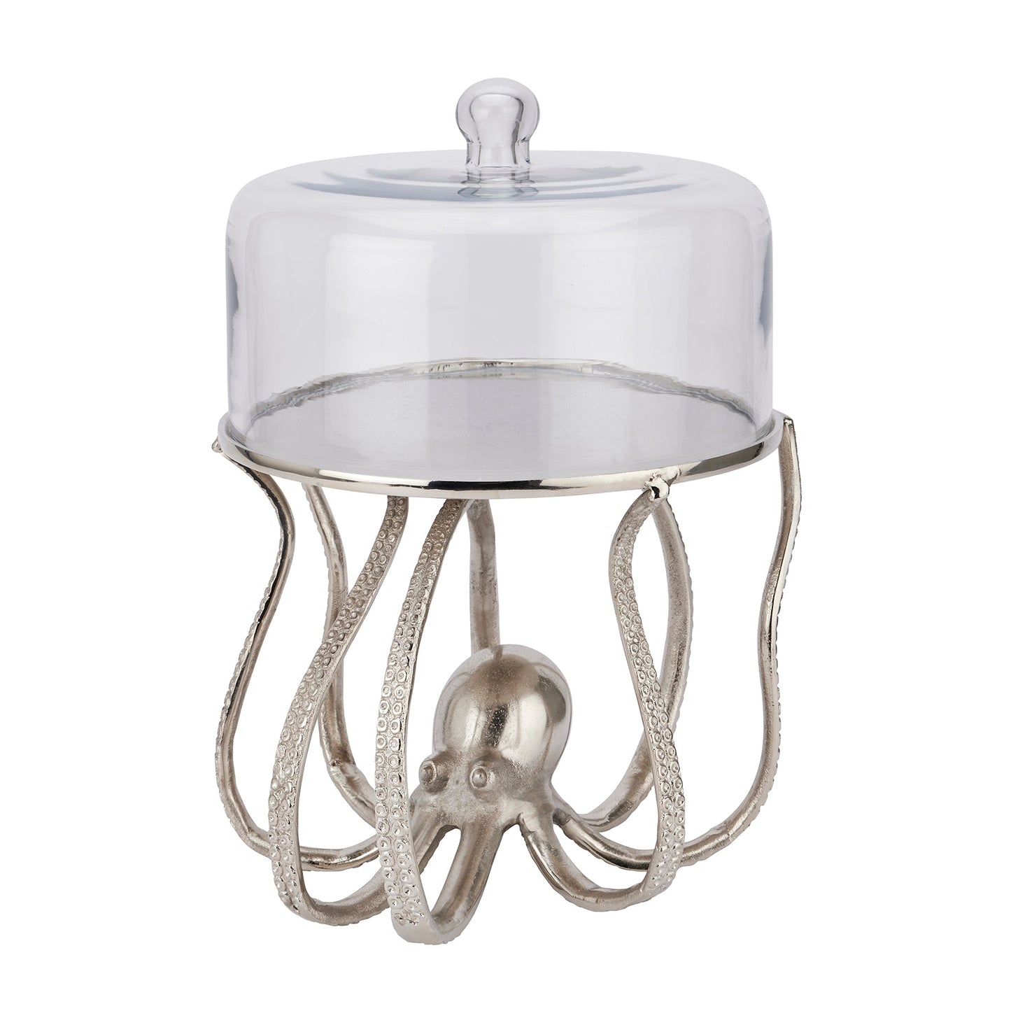 silver octopus cake stand with glass cloche