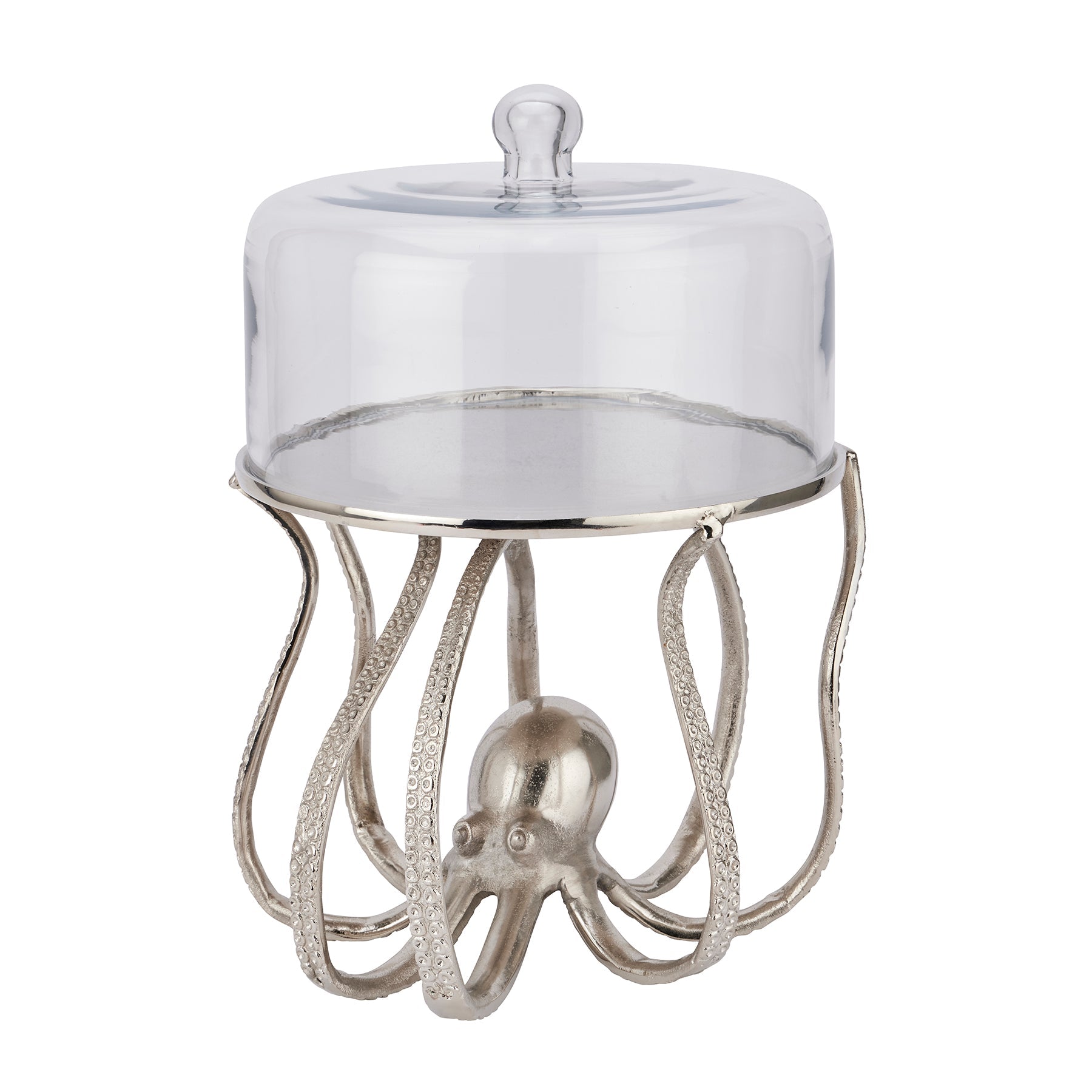 silver octopus cake stand with glass cloche